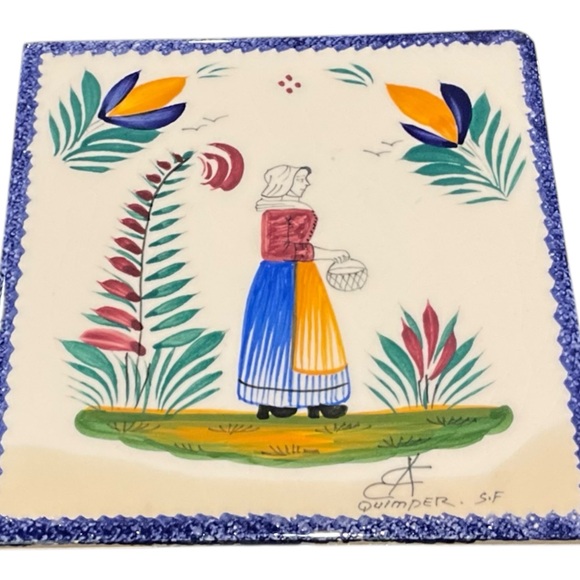 Vintage Quimper France Hand Painted Faience Tile Breton Woman Folk Art Blue Edge